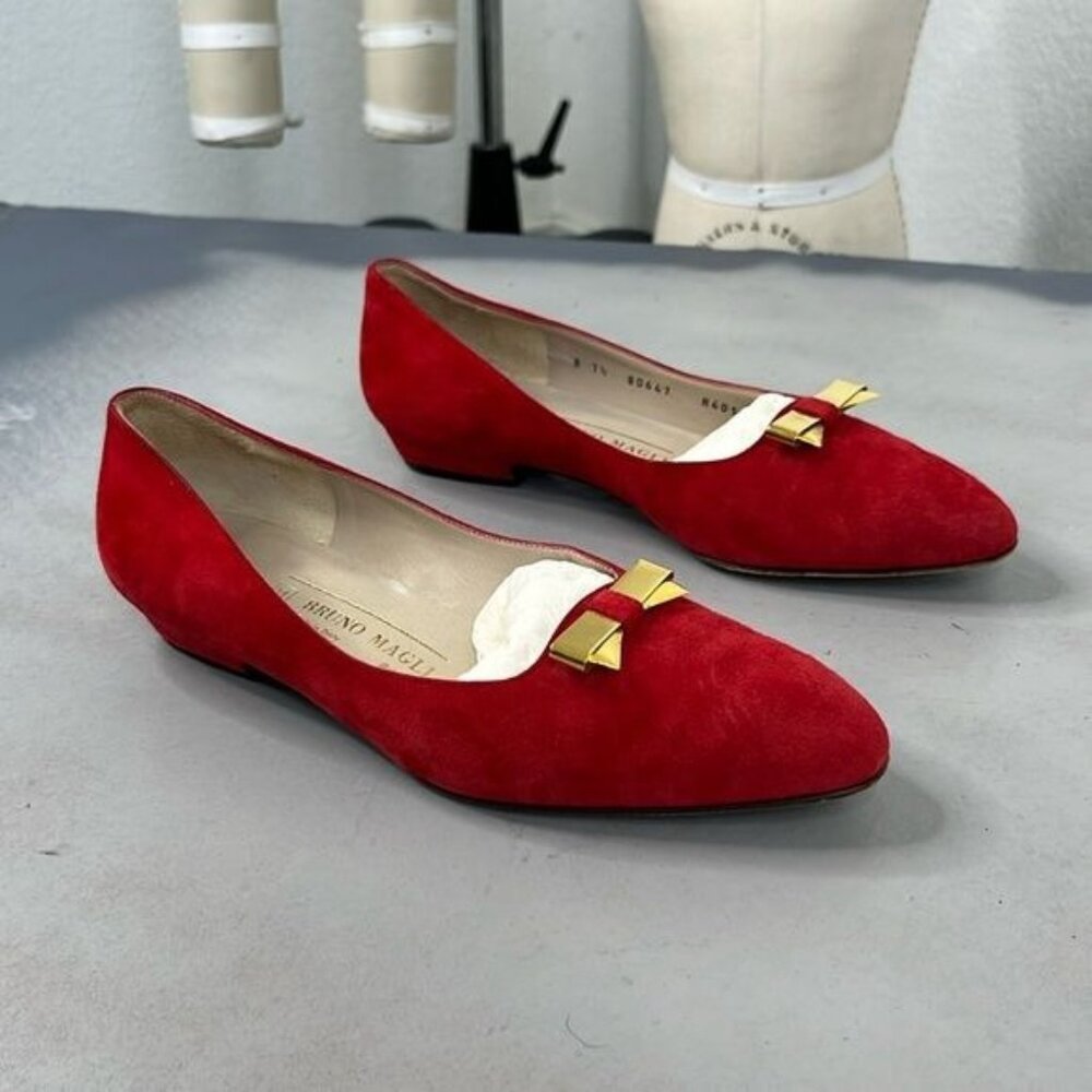 VTG Bruno Magli Suede Almond Toe Bow Metallic Flats